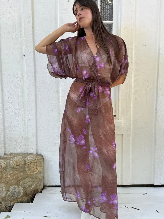1970s Purple Sheer Floral Batwing Dress