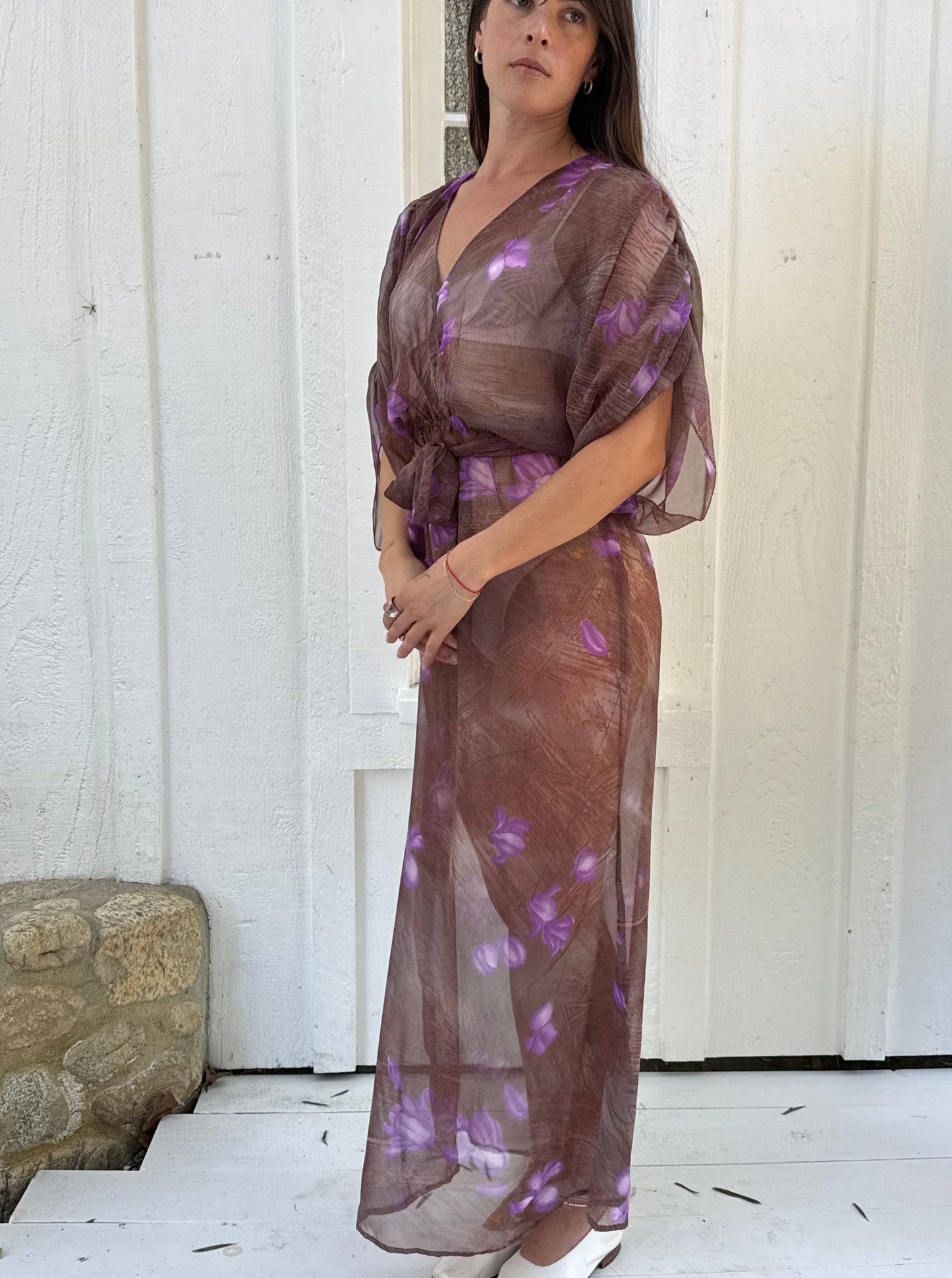 1970s Purple Sheer Floral Batwing Dress