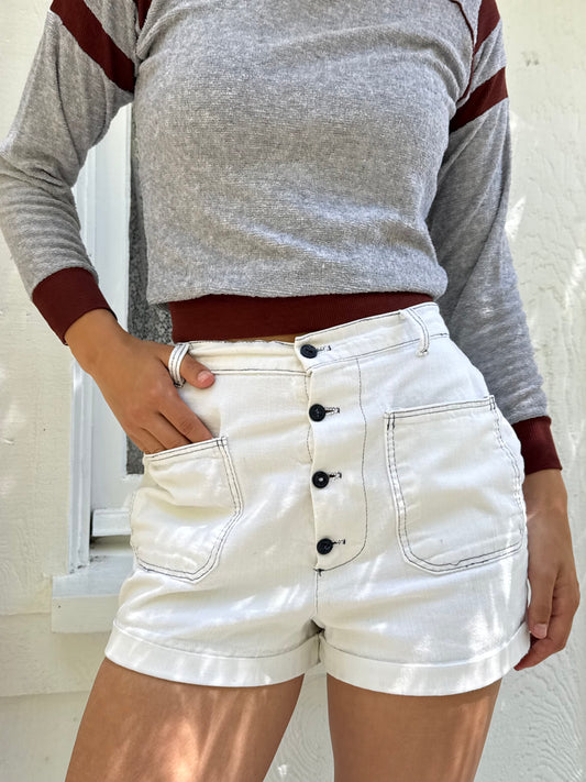 1970s White Cotton Sailor Shorts with Navy Stitching