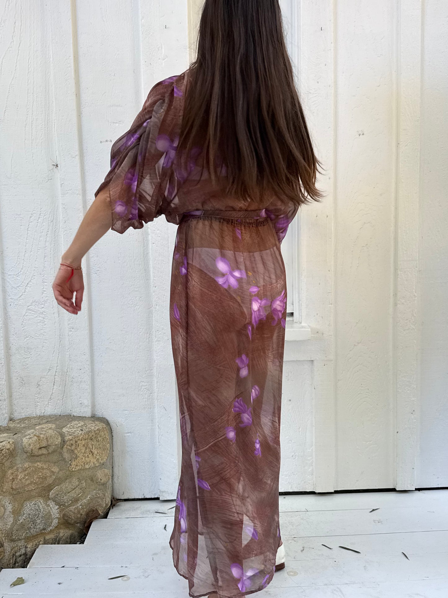 1970s Purple Sheer Floral Batwing Dress