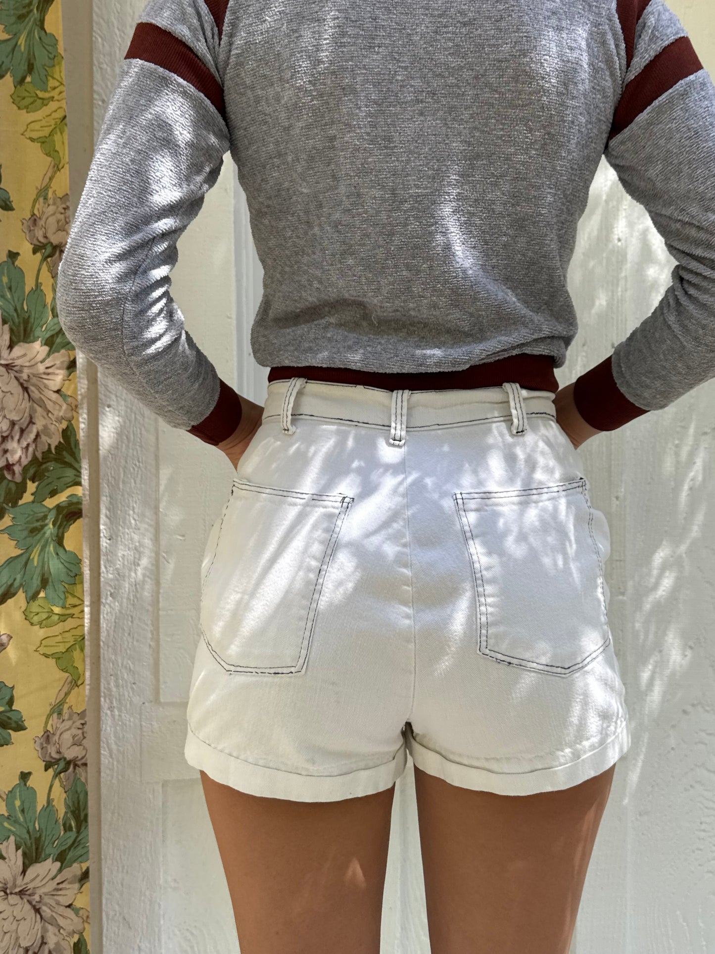 1970s White Cotton Sailor Shorts with Navy Stitching