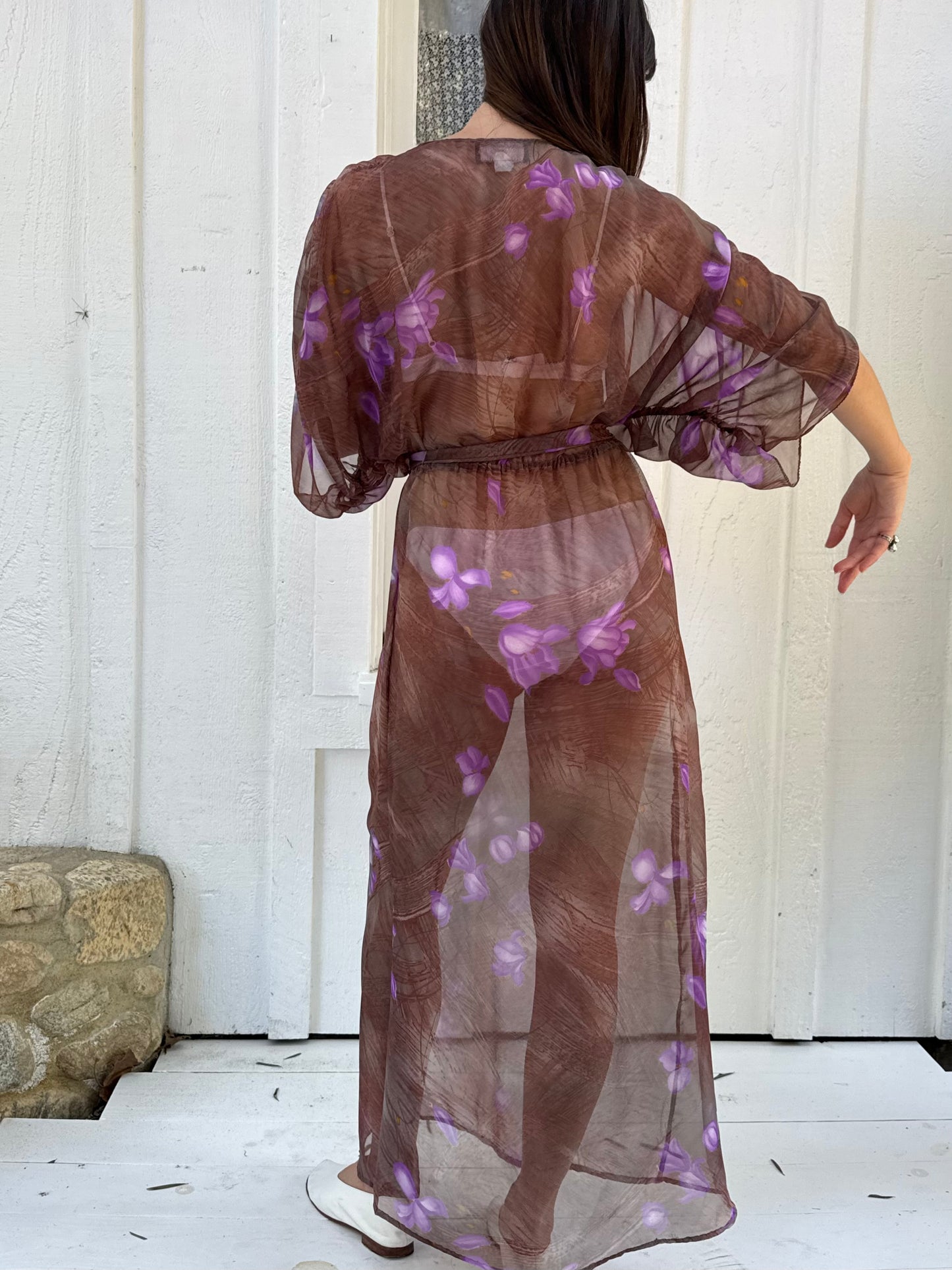 1970s Purple Sheer Floral Batwing Dress