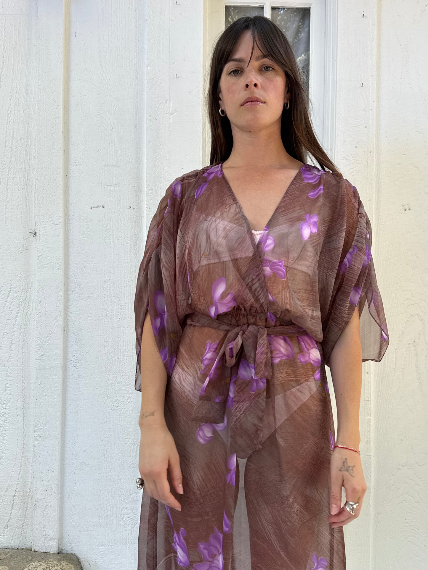 1970s Purple Sheer Floral Batwing Dress