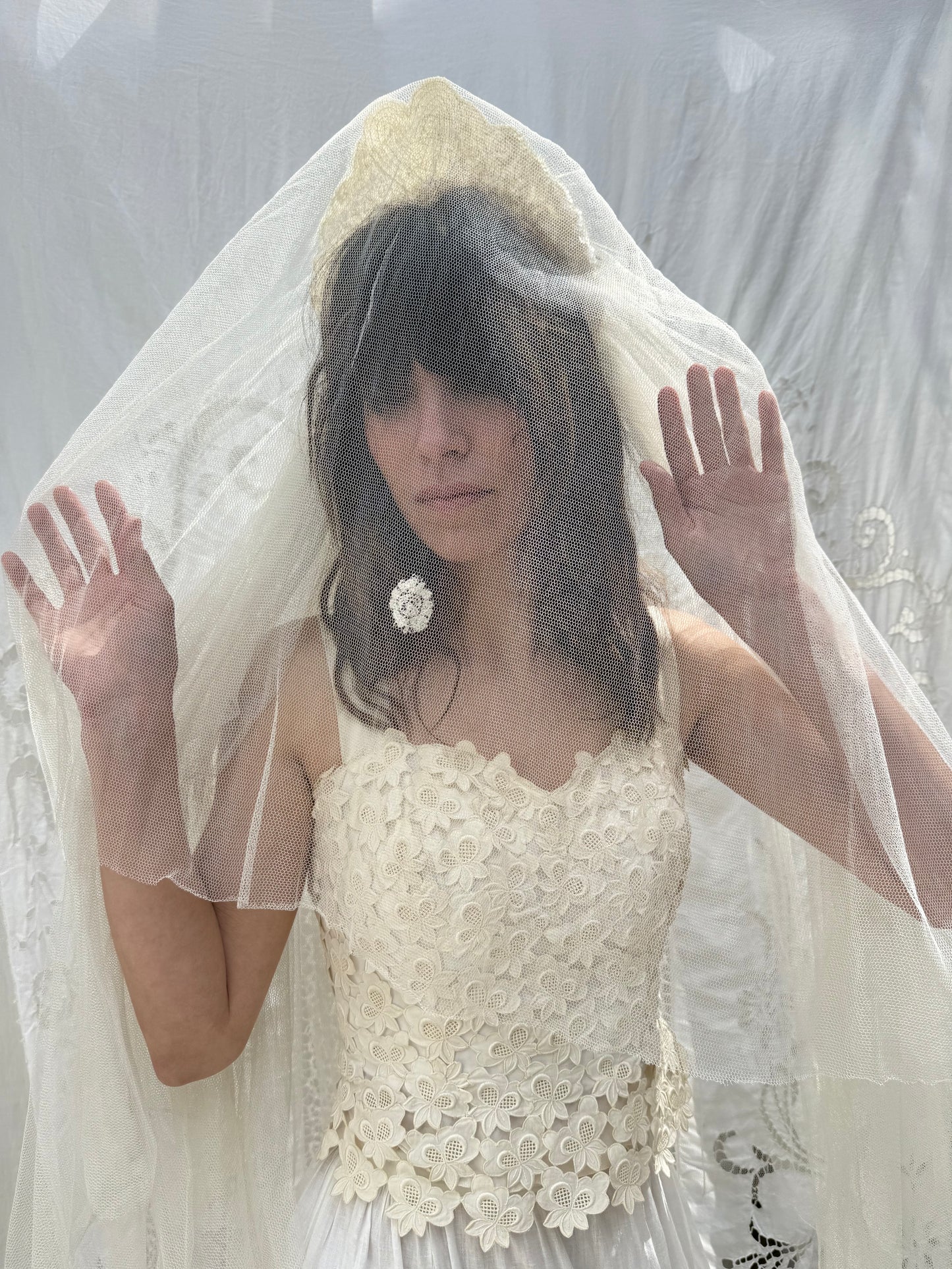 1940s Sequin Heart Veil with Floral Lace