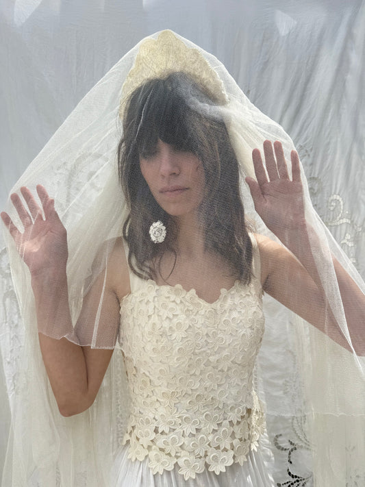 1940s Sequin Heart Veil with Floral Lace