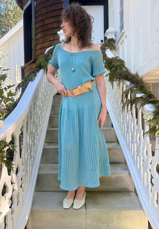1940s Teal Crochet Open Knit Dropped Waist Dress