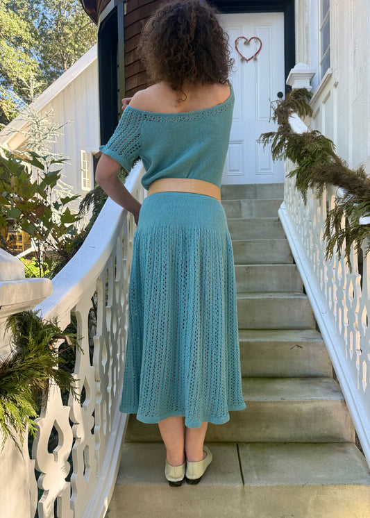 1940s Teal Crochet Open Knit Dropped Waist Dress