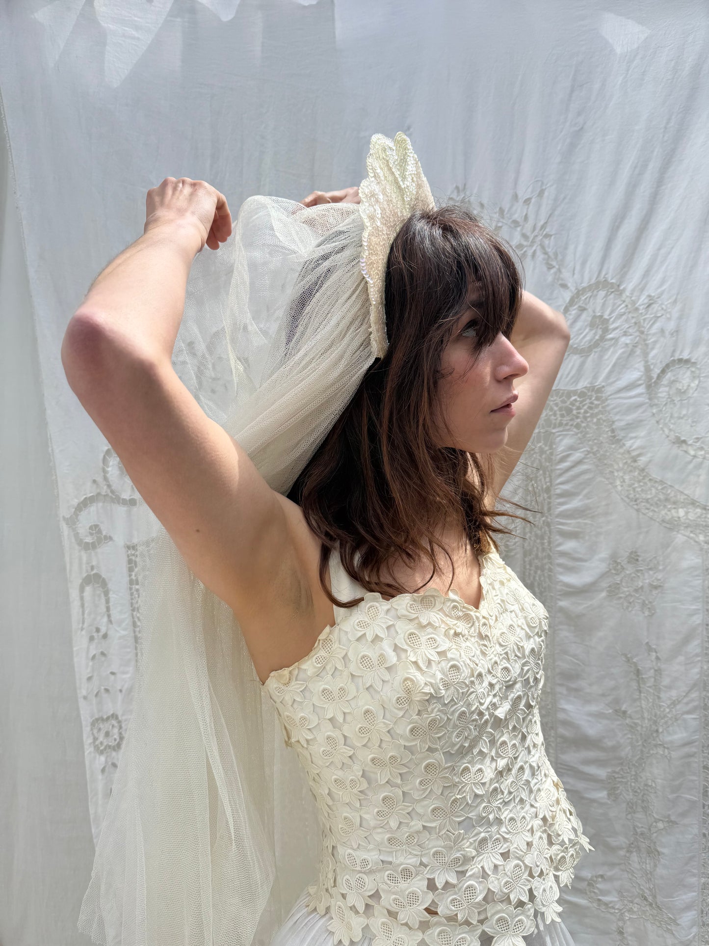 1940s Sequin Heart Veil with Floral Lace