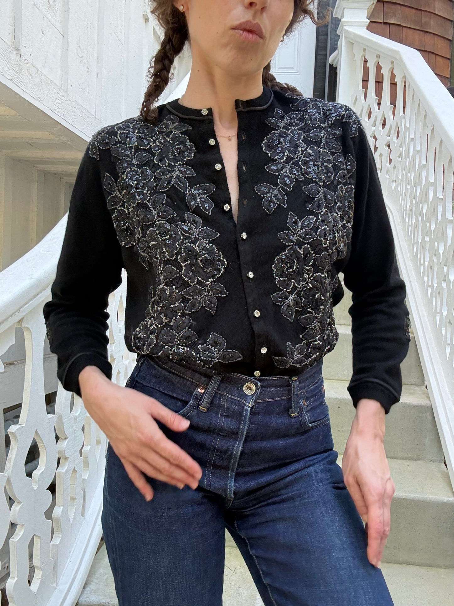 1950s Bullocks Wilshire Black Cashmere Beaded Cardigan