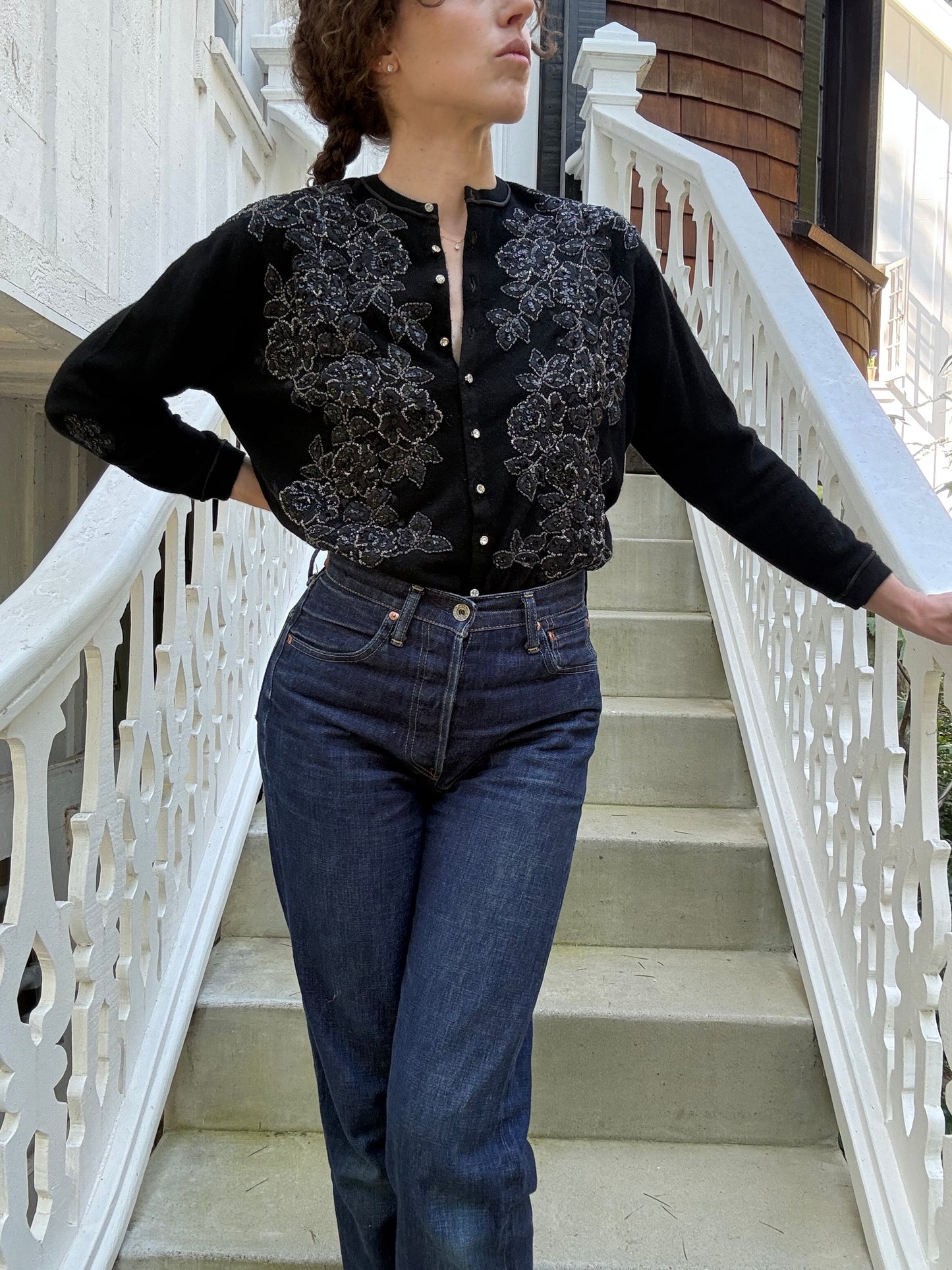 1950s Bullocks Wilshire Black Cashmere Beaded Cardigan
