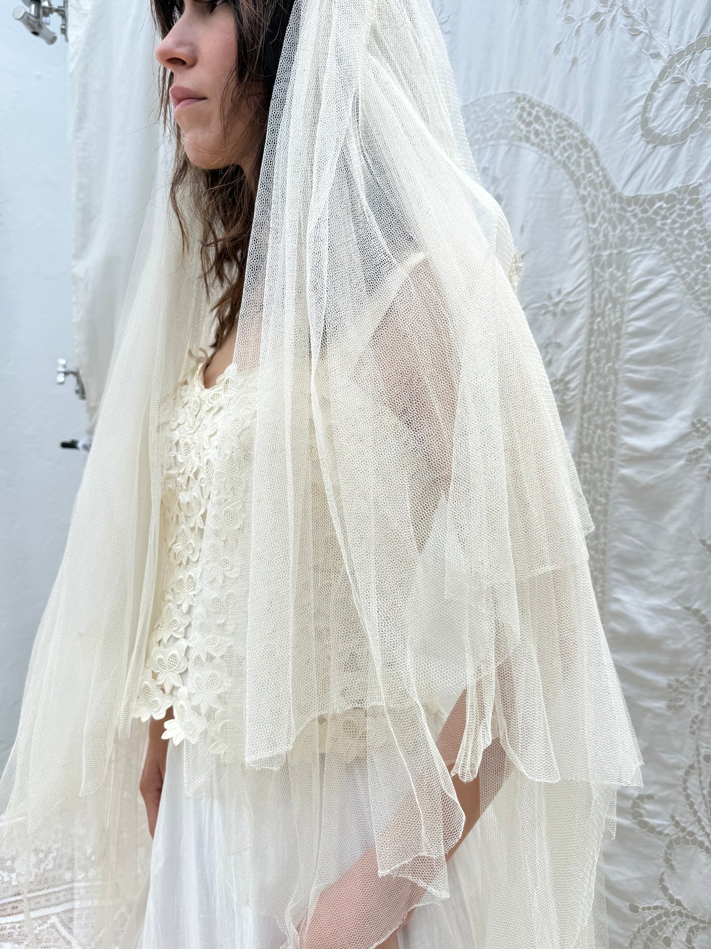 1940s Sequin Heart Veil with Floral Lace