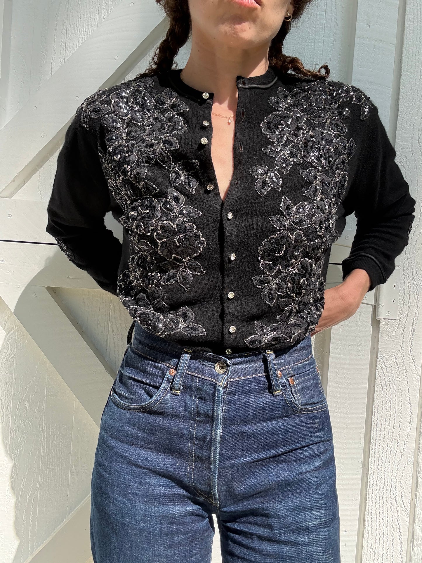 1950s Bullocks Wilshire Black Cashmere Beaded Cardigan