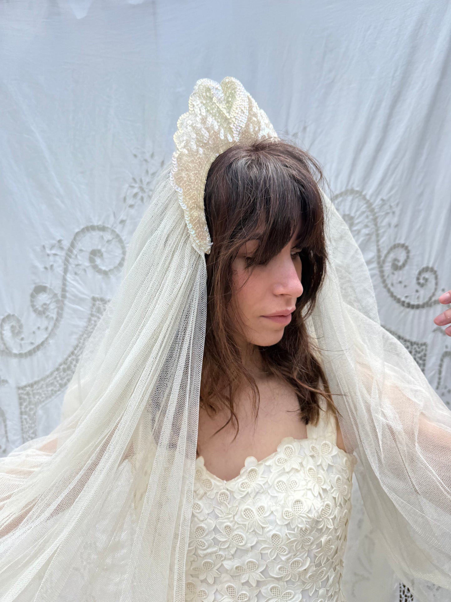 1940s Sequin Heart Veil with Floral Lace