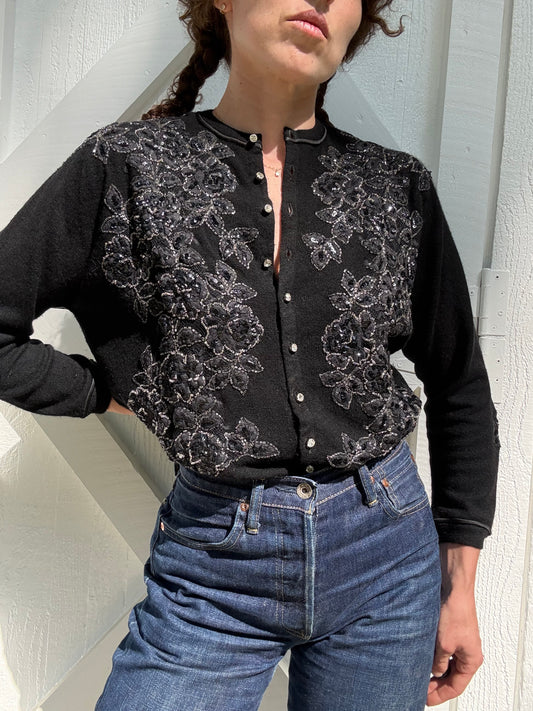 1950s Bullocks Wilshire Black Cashmere Beaded Cardigan