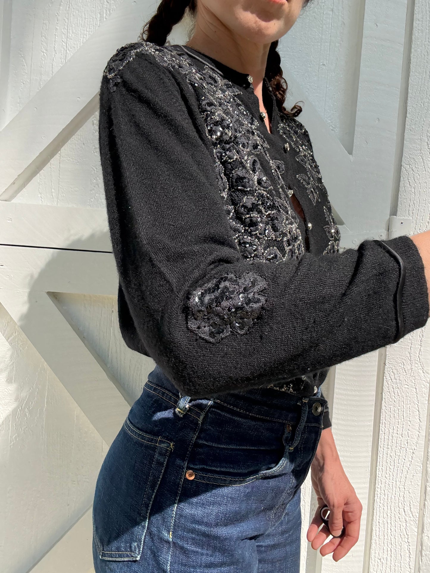 1950s Bullocks Wilshire Black Cashmere Beaded Cardigan