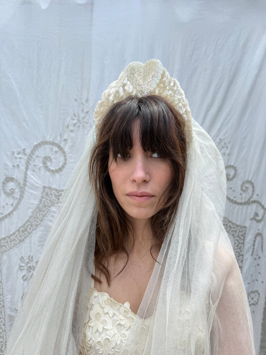 1940s Sequin Heart Veil with Floral Lace