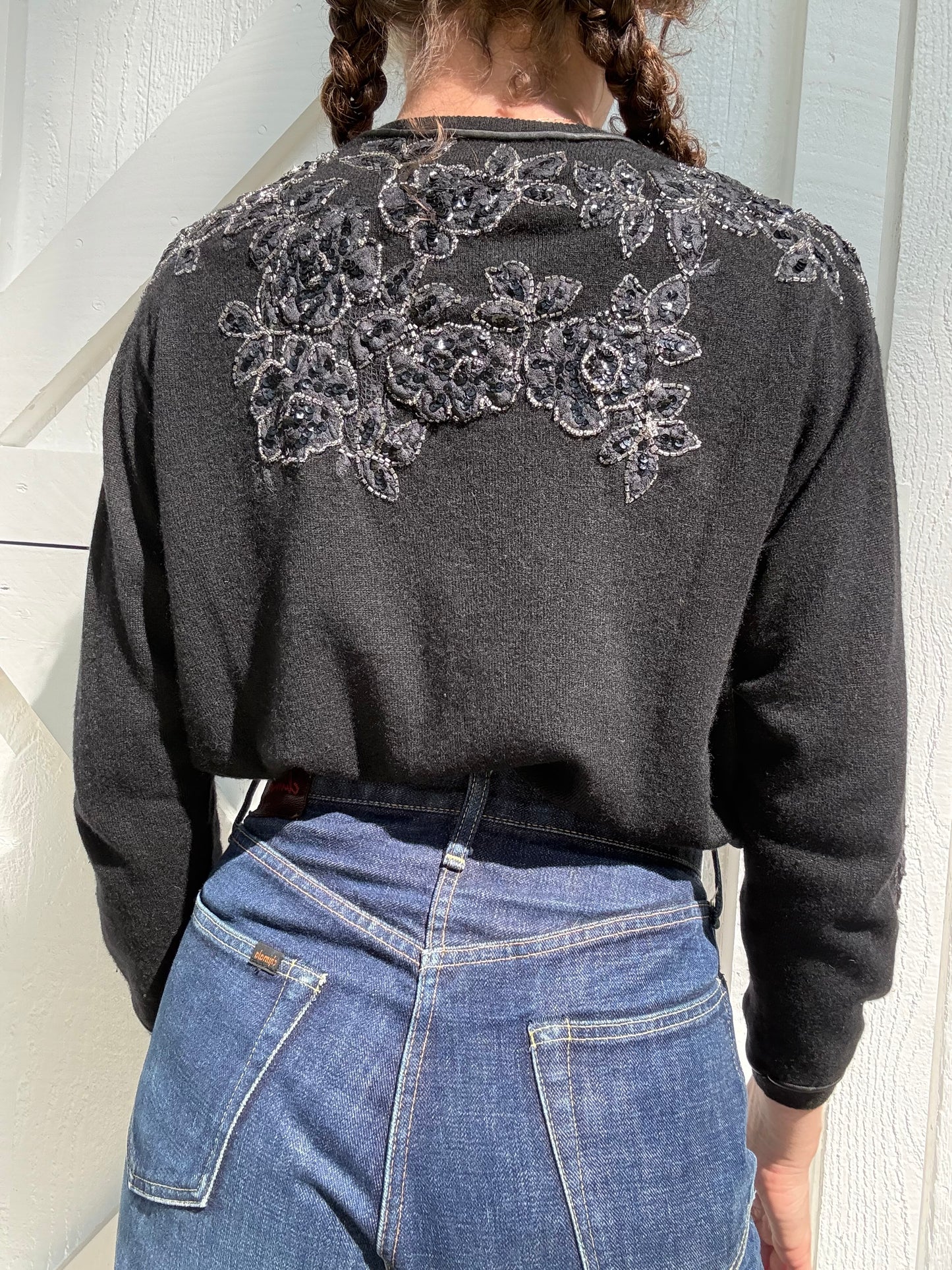 1950s Bullocks Wilshire Black Cashmere Beaded Cardigan