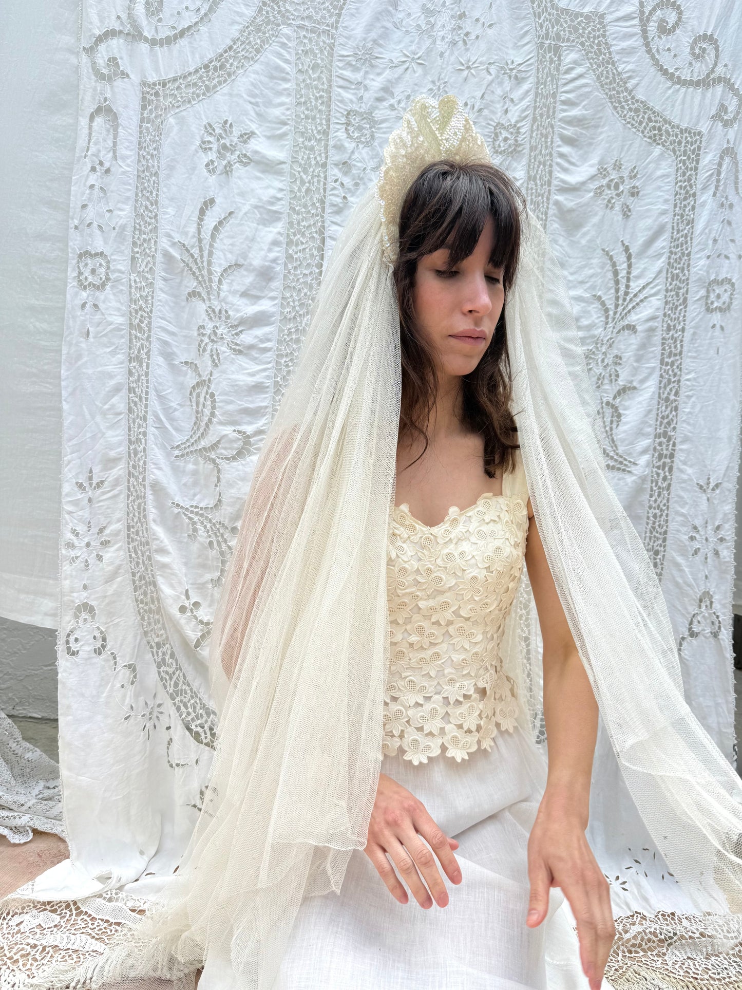 1940s Sequin Heart Veil with Floral Lace