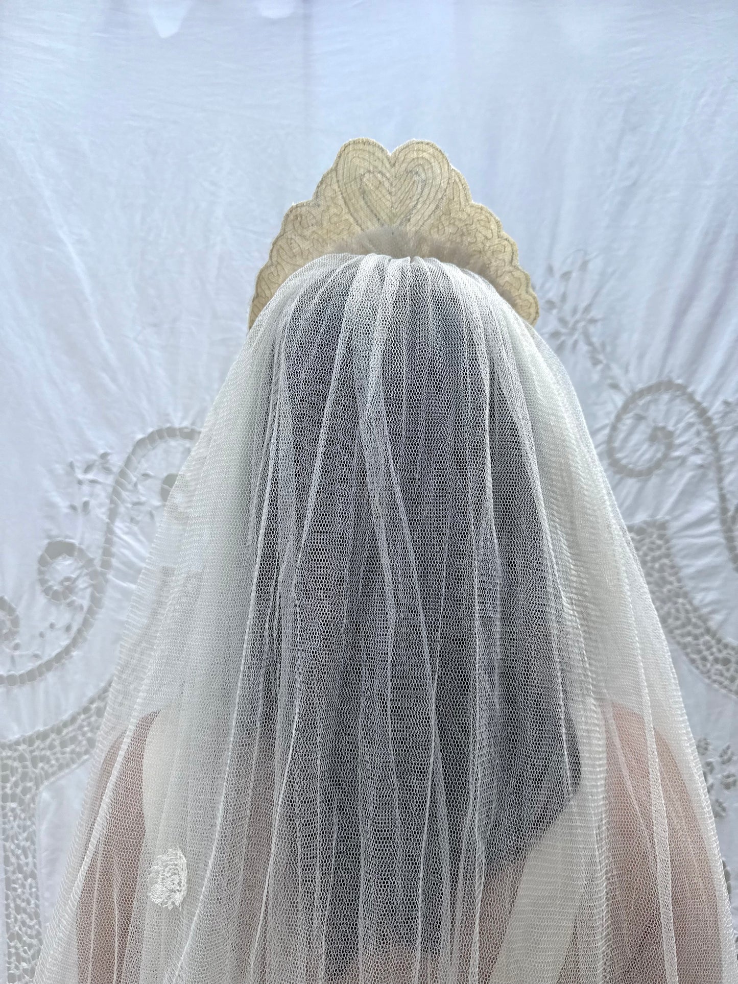 1940s Sequin Heart Veil with Floral Lace