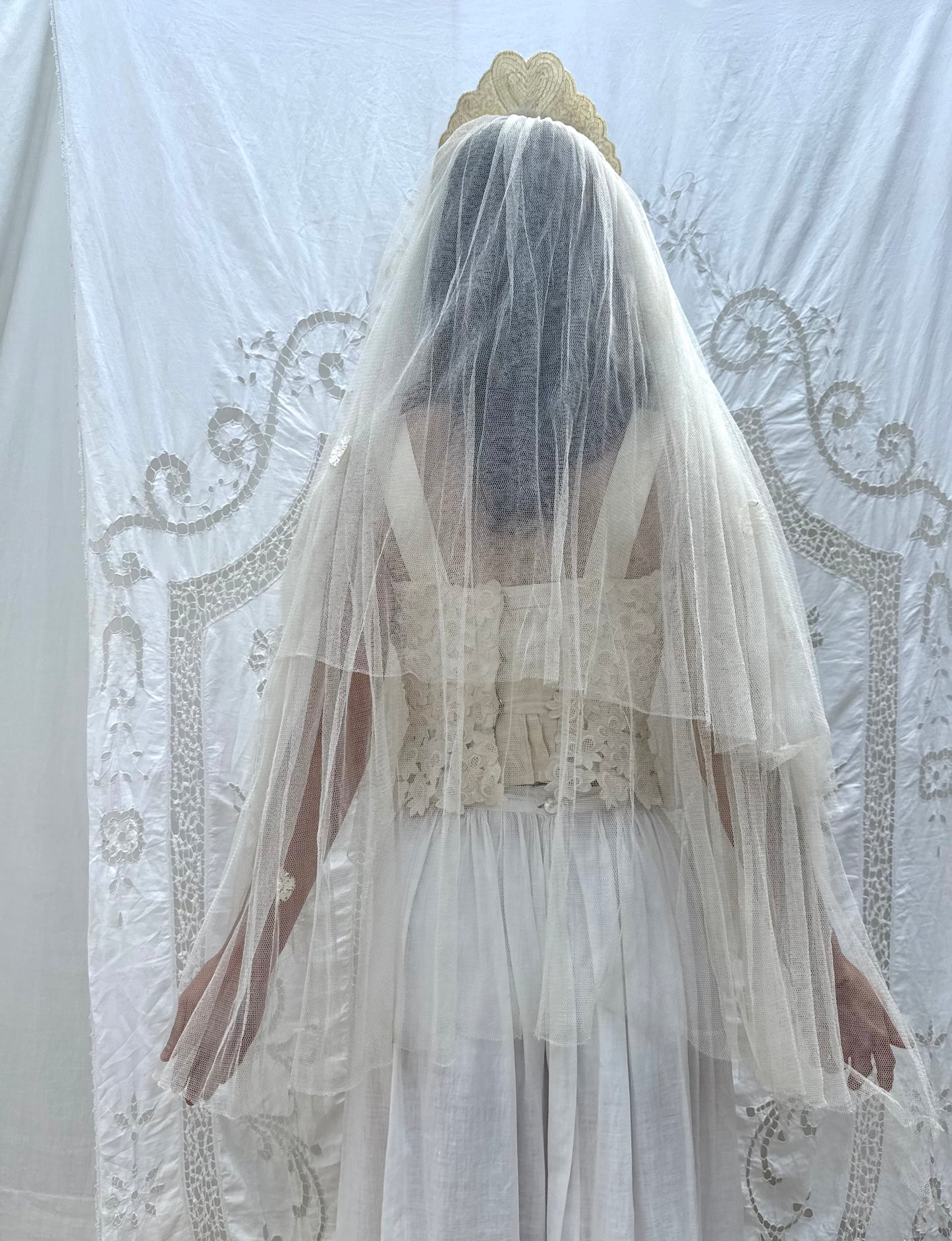 1940s Sequin Heart Veil with Floral Lace