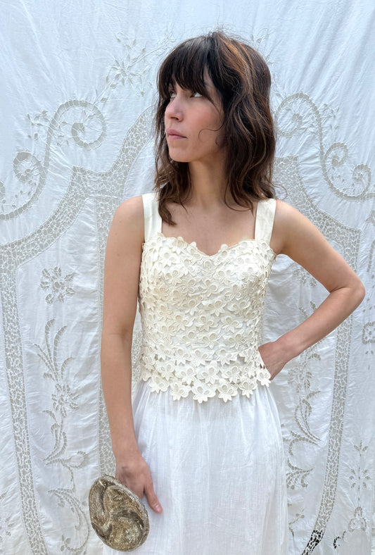 Rare 1950s Artaban Paris x Sarakalo Couture White Floral Applique Bustier