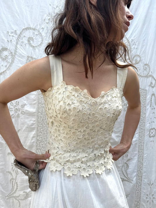 Rare 1950s Artaban Paris x Sarakalo Couture White Floral Applique Bustier