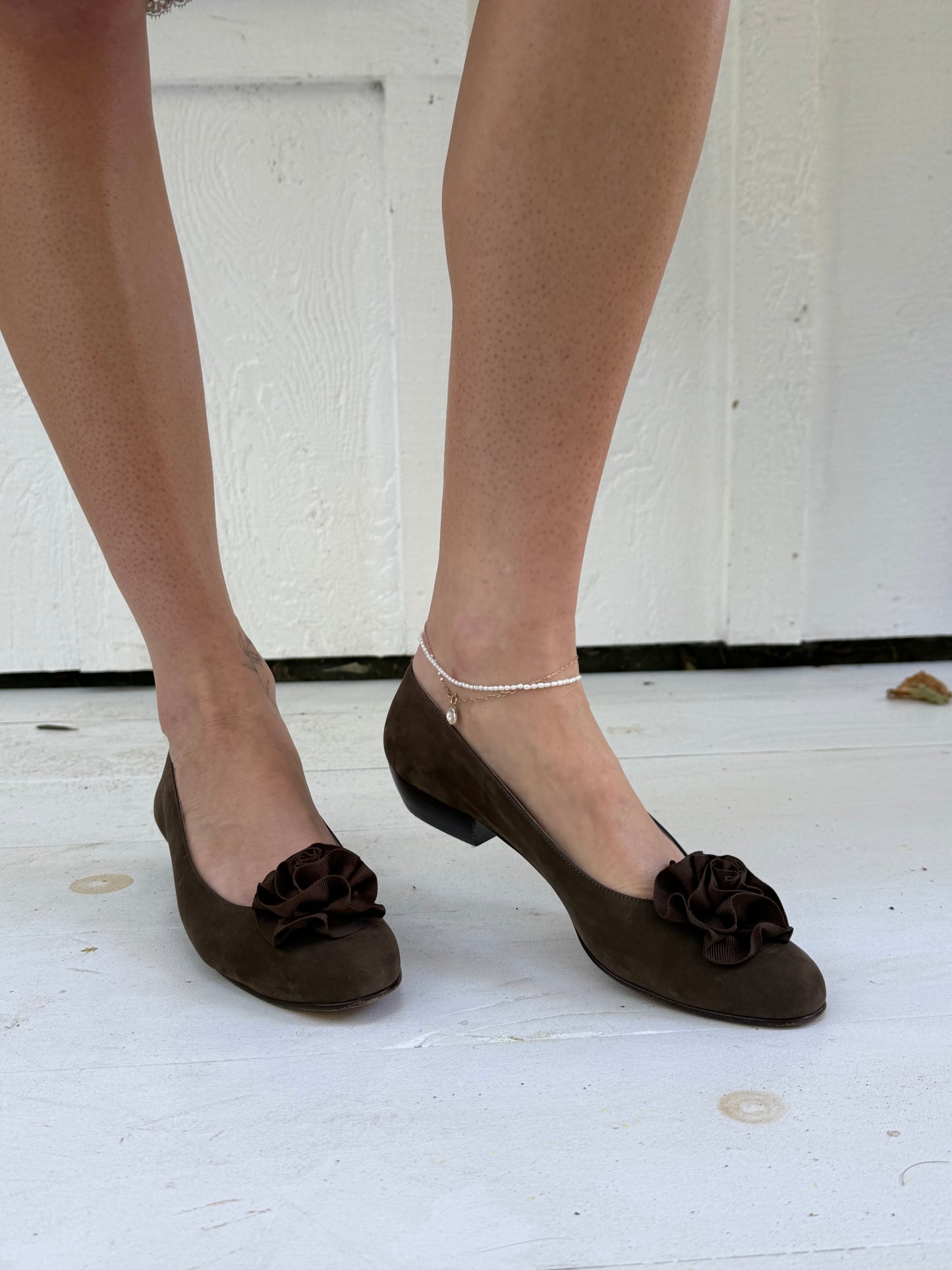 1980s Salvatore Ferragamo Brown Suede Flats with Flower