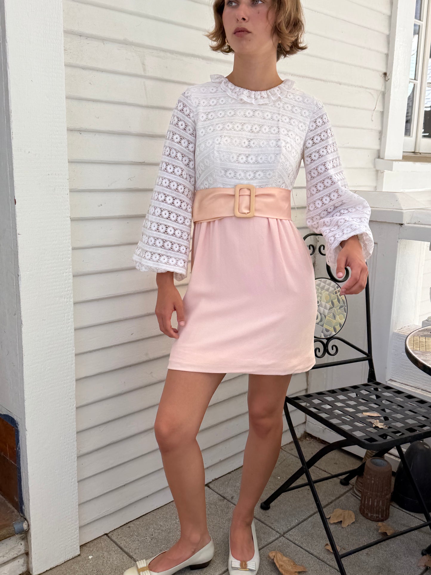 1960s Eyelet Cotton Bishop Sleeve Pink Mini Dress