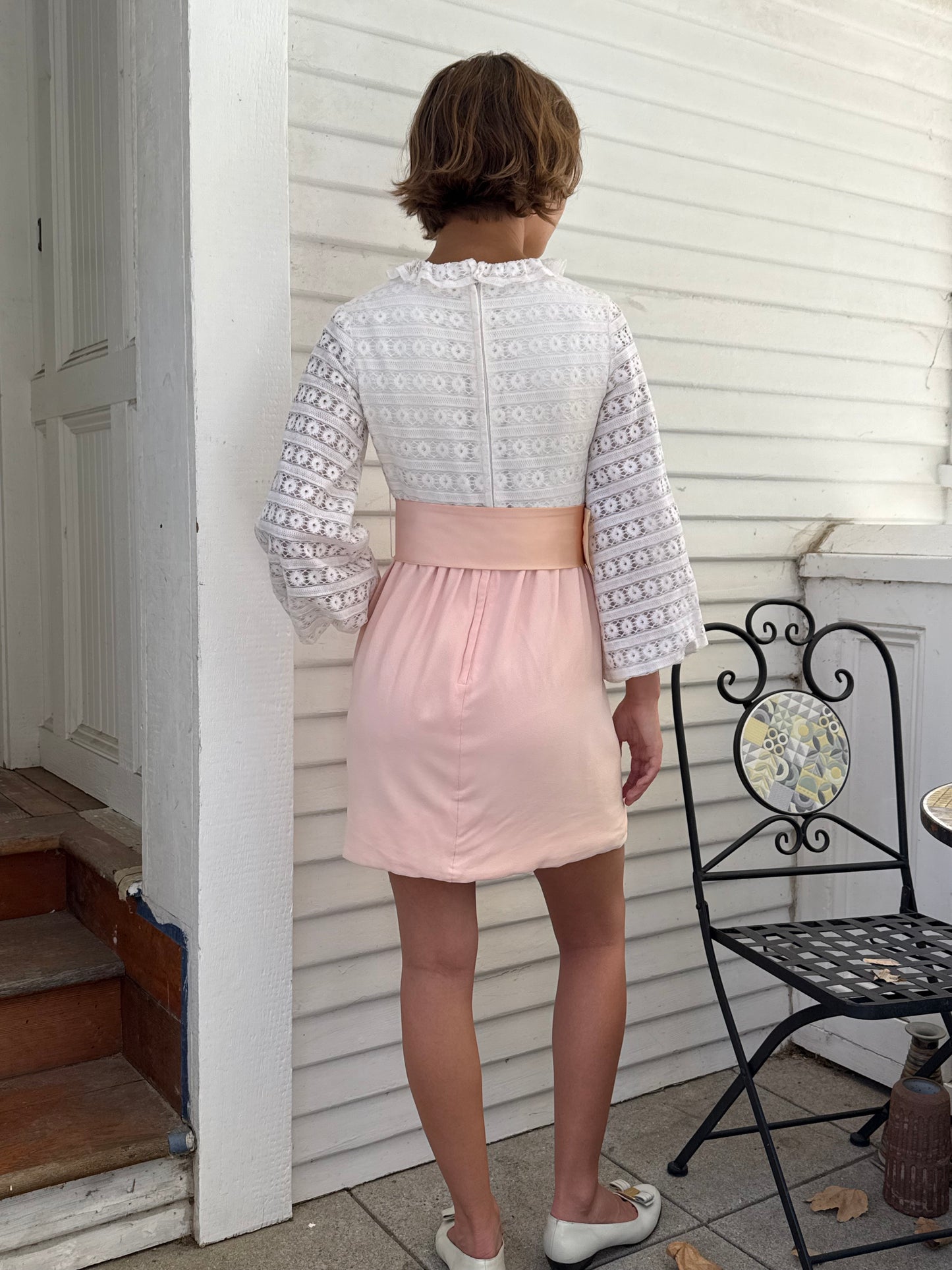 1960s Eyelet Cotton Bishop Sleeve Pink Mini Dress
