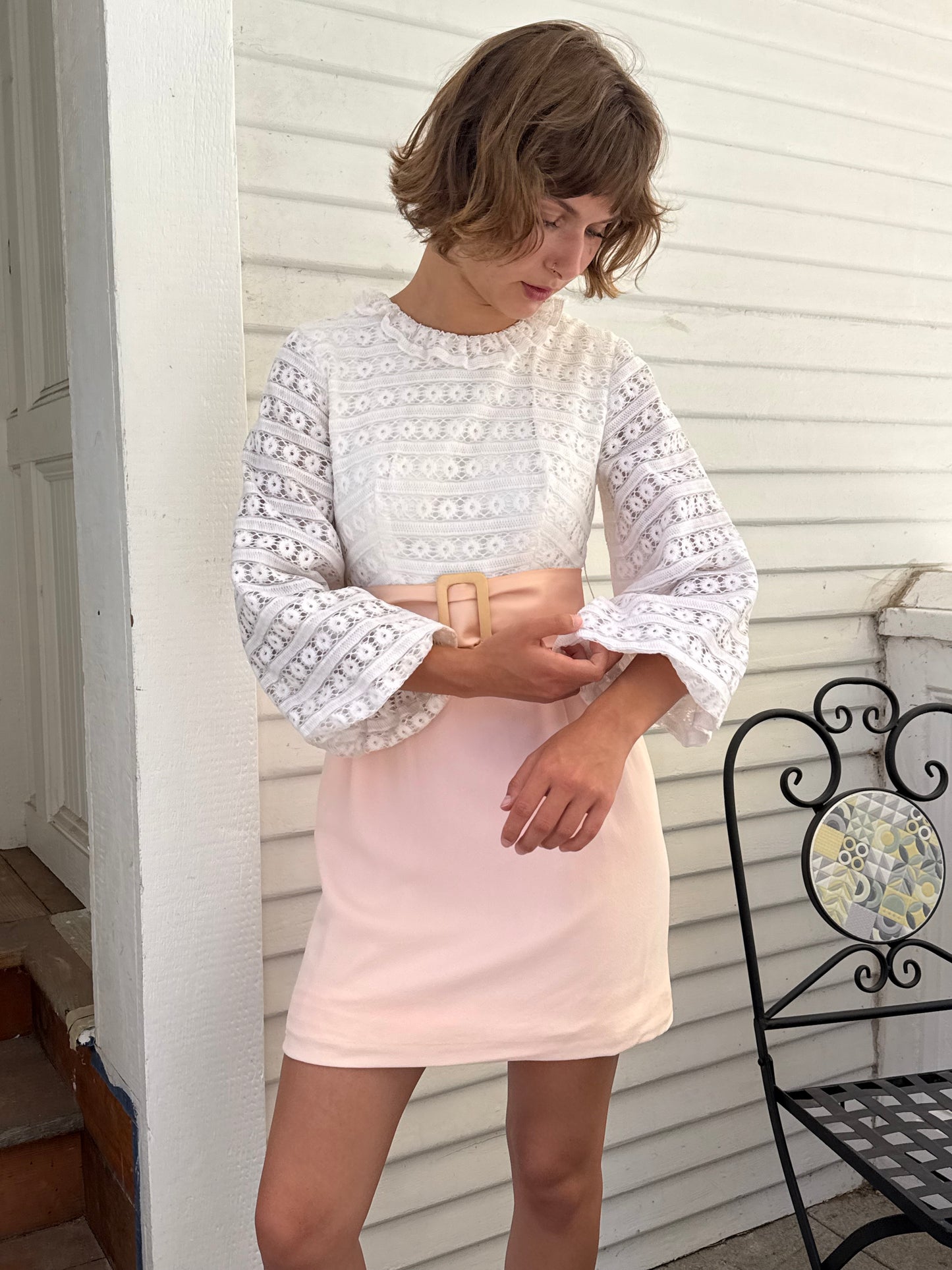 1960s Eyelet Cotton Bishop Sleeve Pink Mini Dress
