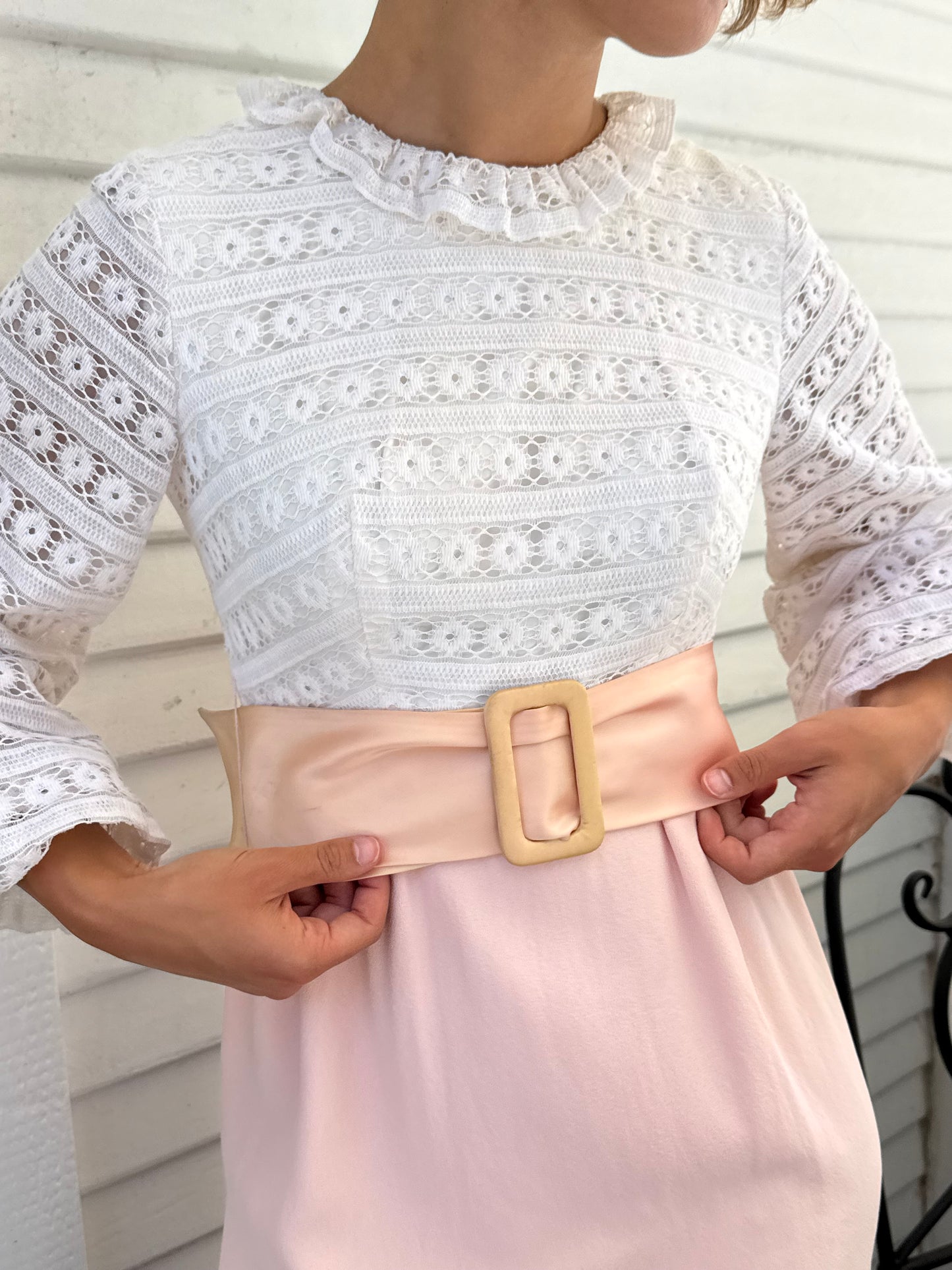 1960s Eyelet Cotton Bishop Sleeve Pink Mini Dress
