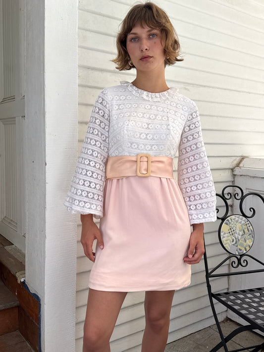 1960s Eyelet Cotton Bishop Sleeve Pink Mini Dress