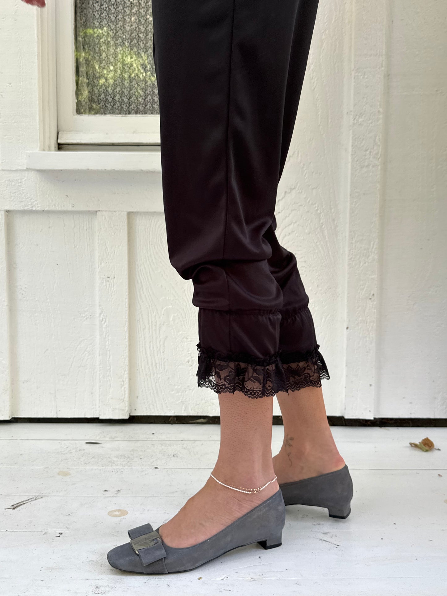 1990s Salvatore Ferragamo Glitter Grey Suede Flats with Bow