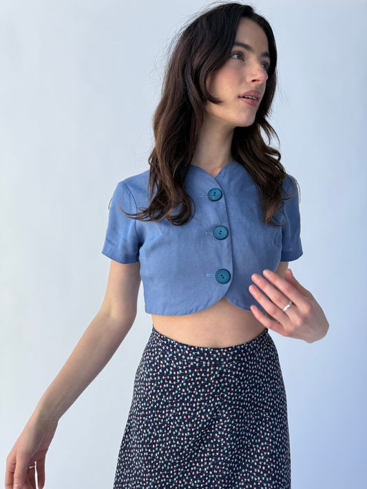 1940s Blue Cropped Linen Big Button Top