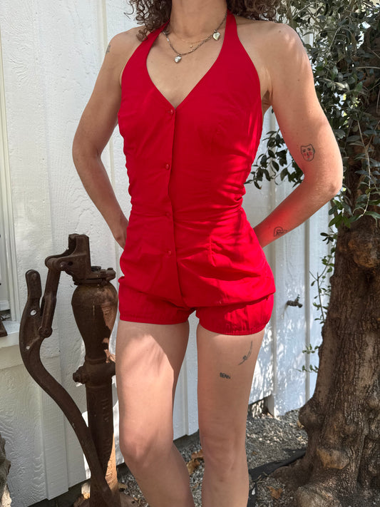 1950s Deadstock Cherry Red Button Front Halter Playsuit