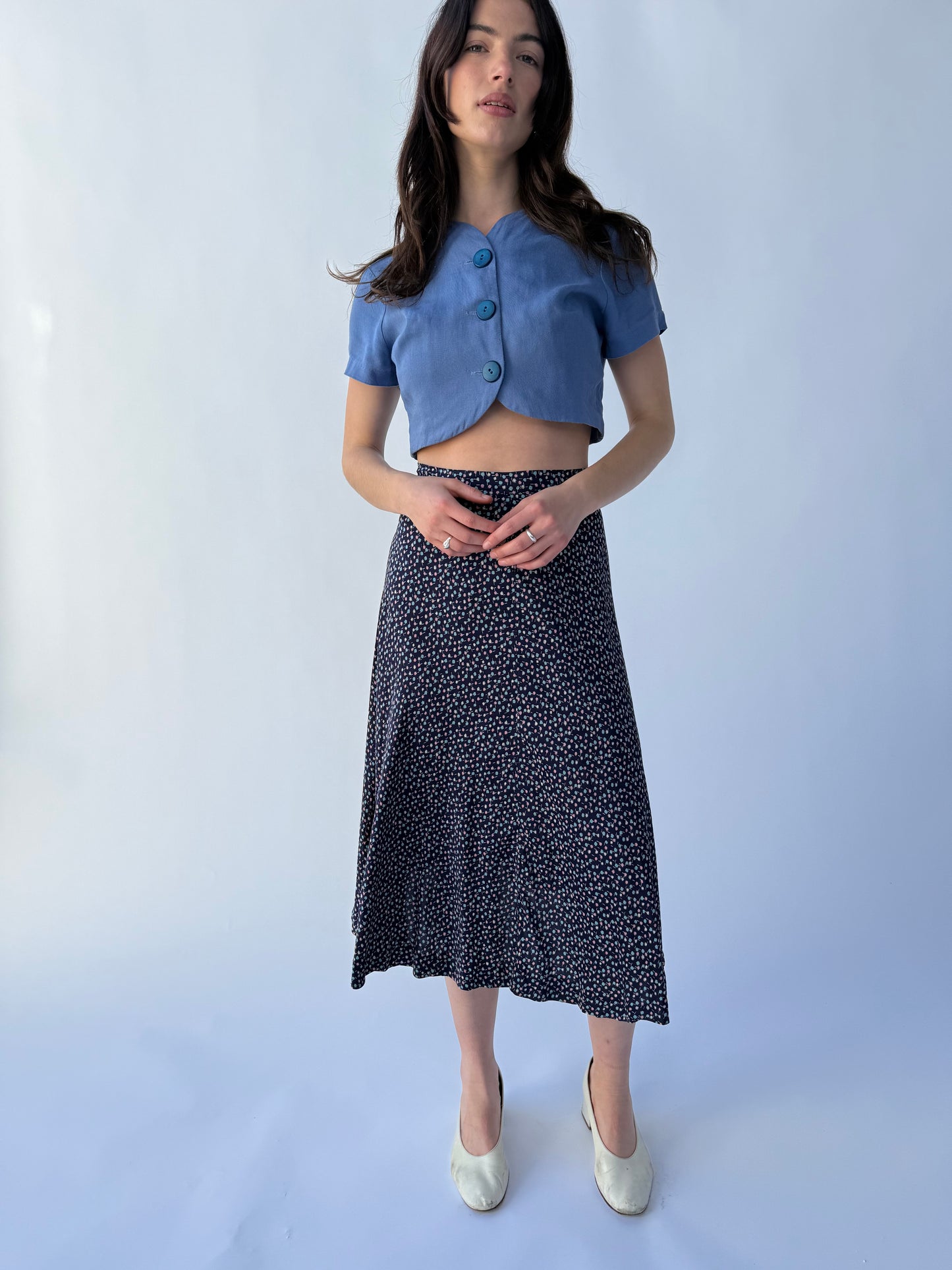 1940s Blue Cropped Linen Big Button Top