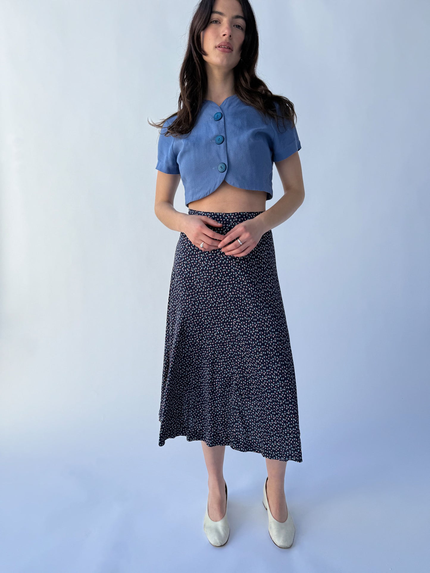 1940s Navy Printed Starburst Cold Rayon Bias Cut Skirt