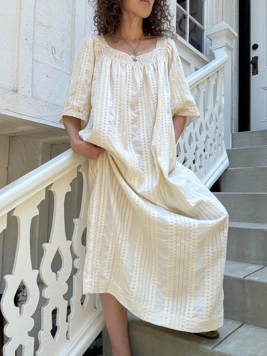 1970s Renaissance Crochet Lace Trim Maxi Dress