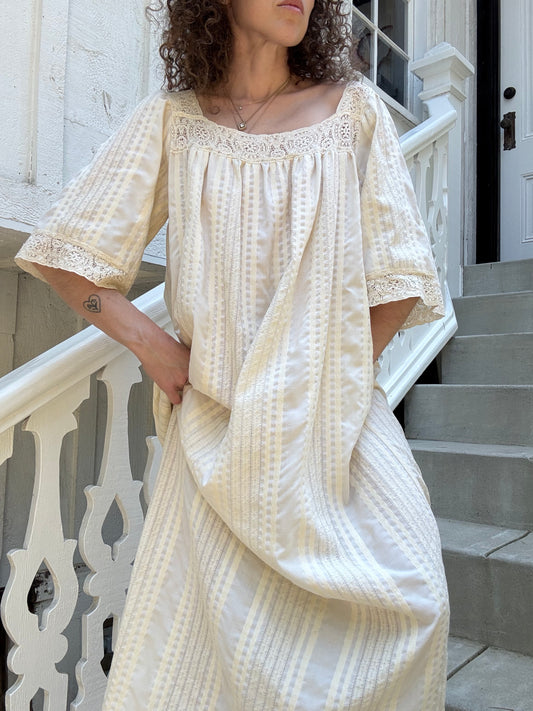 1970s Renaissance Crochet Lace Trim Maxi Dress