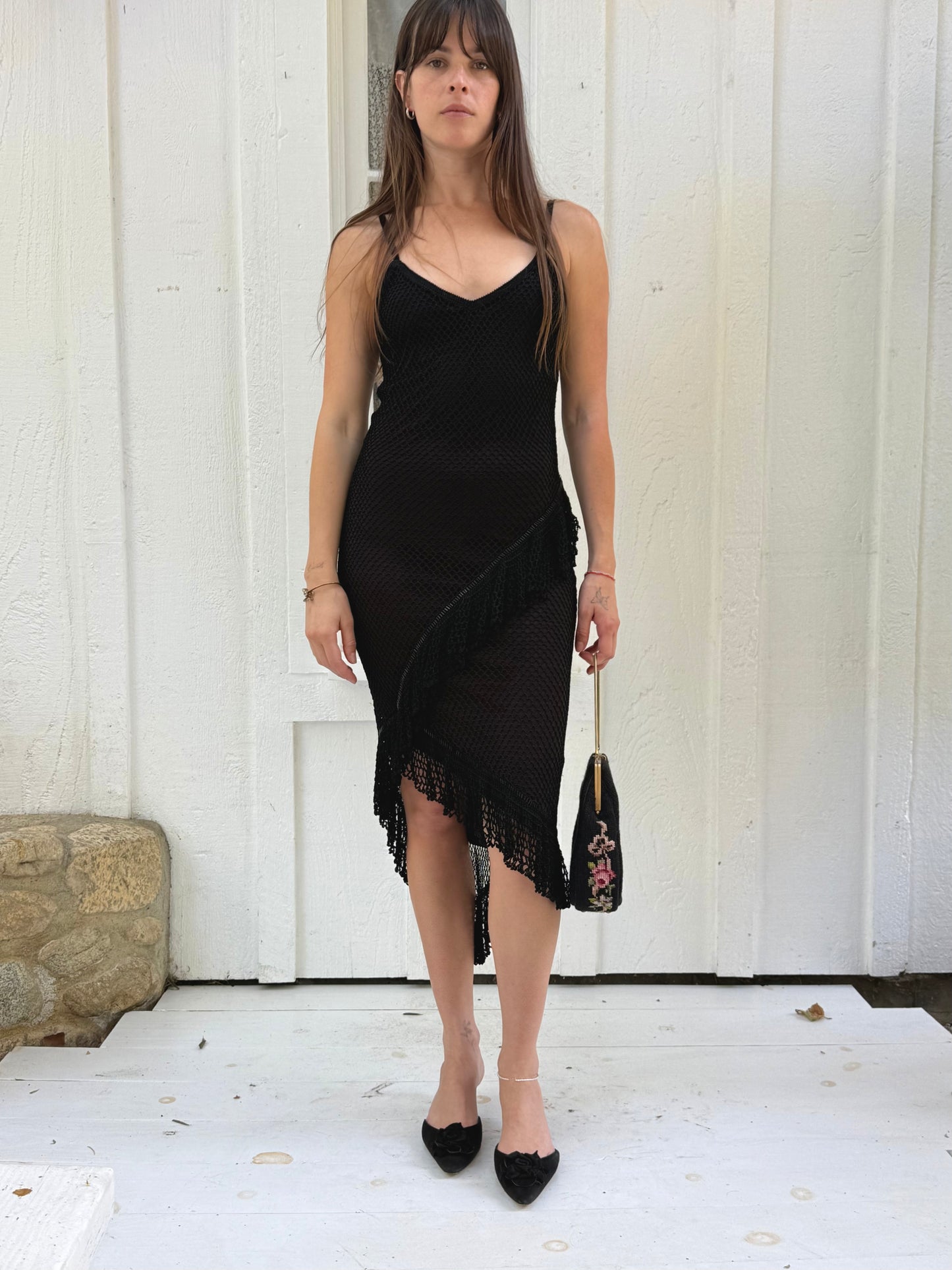 1990s Cache Black Beaded Crochet Asymmetrical Midi Dress