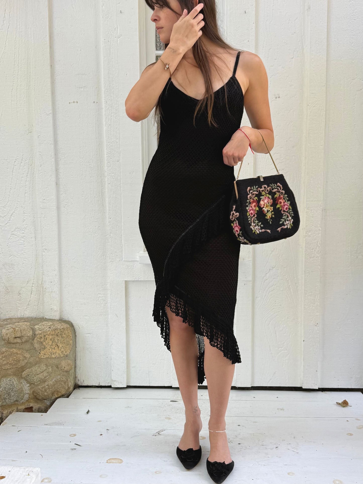 1990s Cache Black Beaded Crochet Asymmetrical Midi Dress