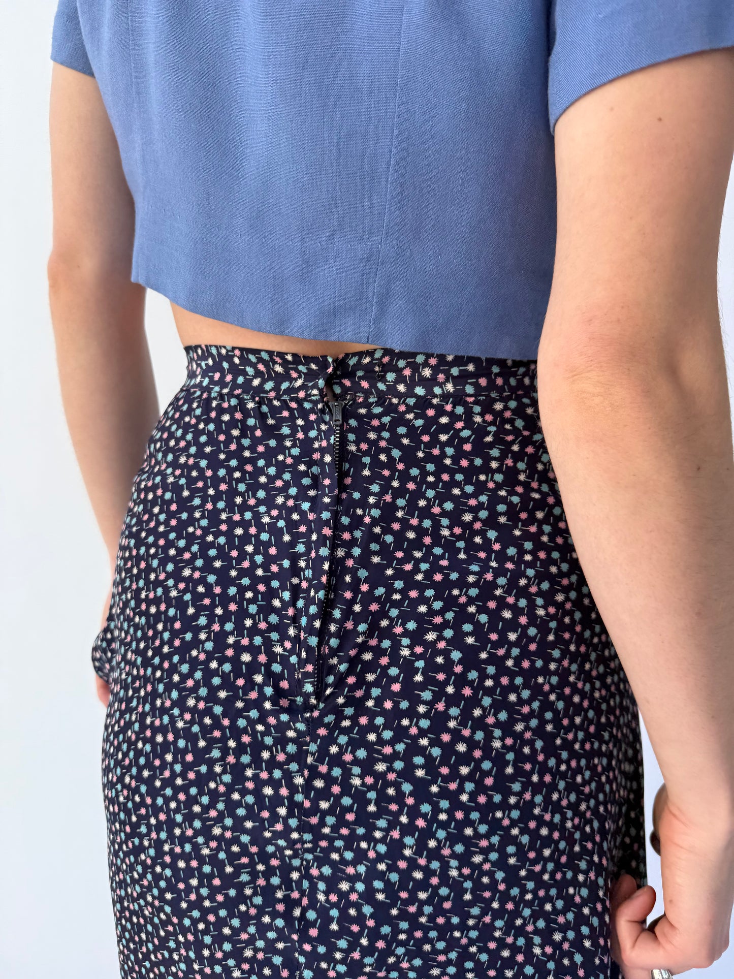1940s Navy Printed Starburst Cold Rayon Bias Cut Skirt