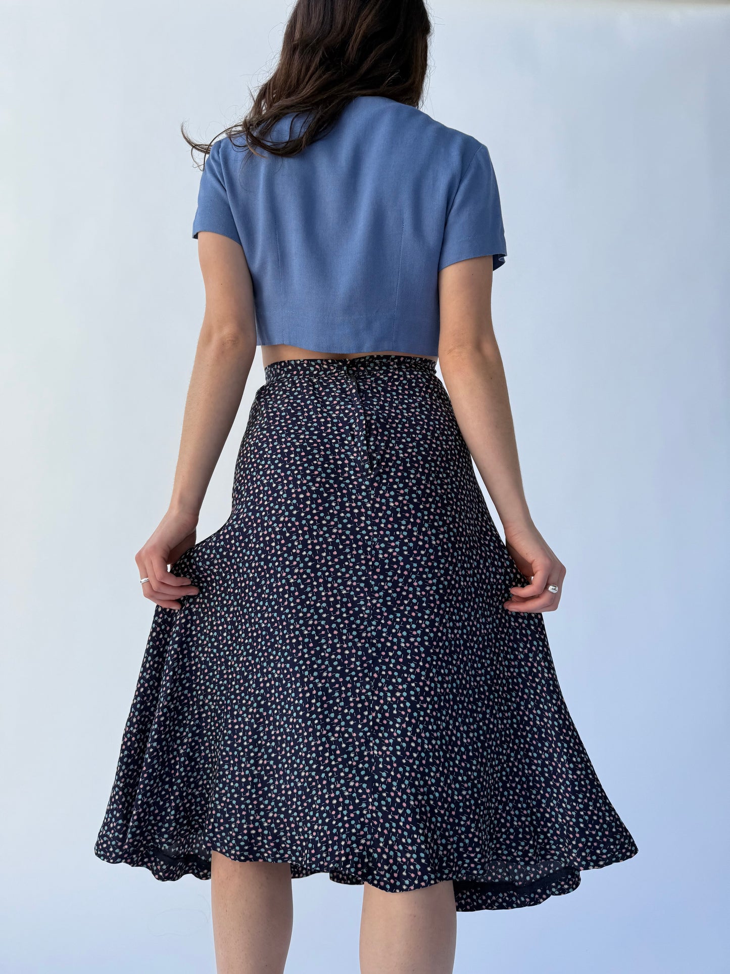 1940s Navy Printed Starburst Cold Rayon Bias Cut Skirt