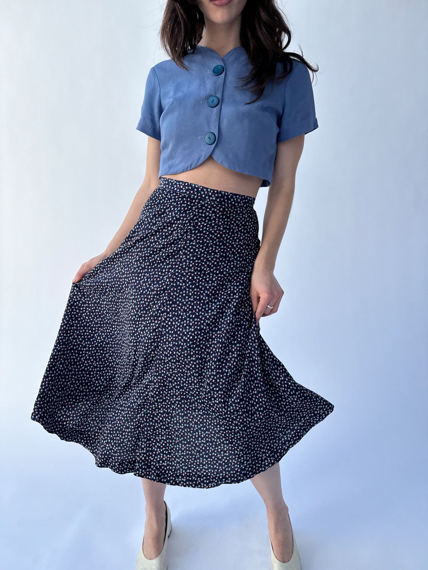 1940s Navy Printed Starburst Cold Rayon Bias Cut Skirt