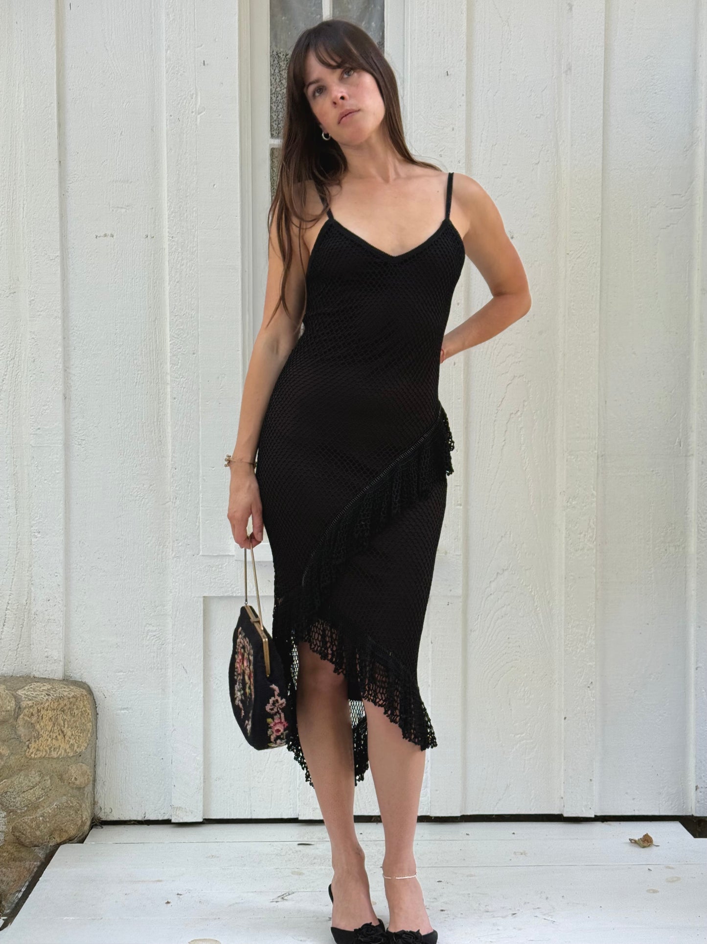 1990s Cache Black Beaded Crochet Asymmetrical Midi Dress