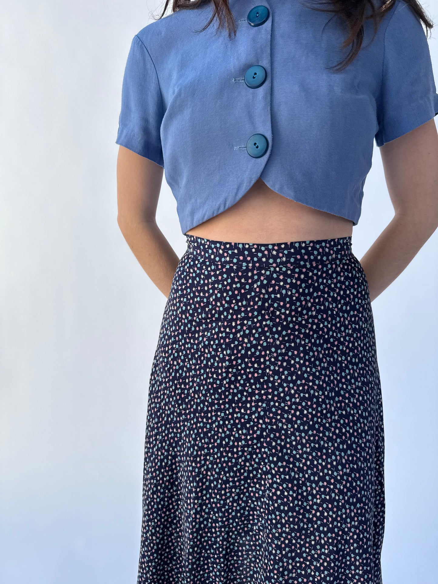 1940s Navy Printed Starburst Cold Rayon Bias Cut Skirt