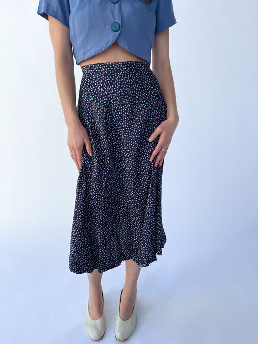 1940s Navy Printed Starburst Cold Rayon Bias Cut Skirt