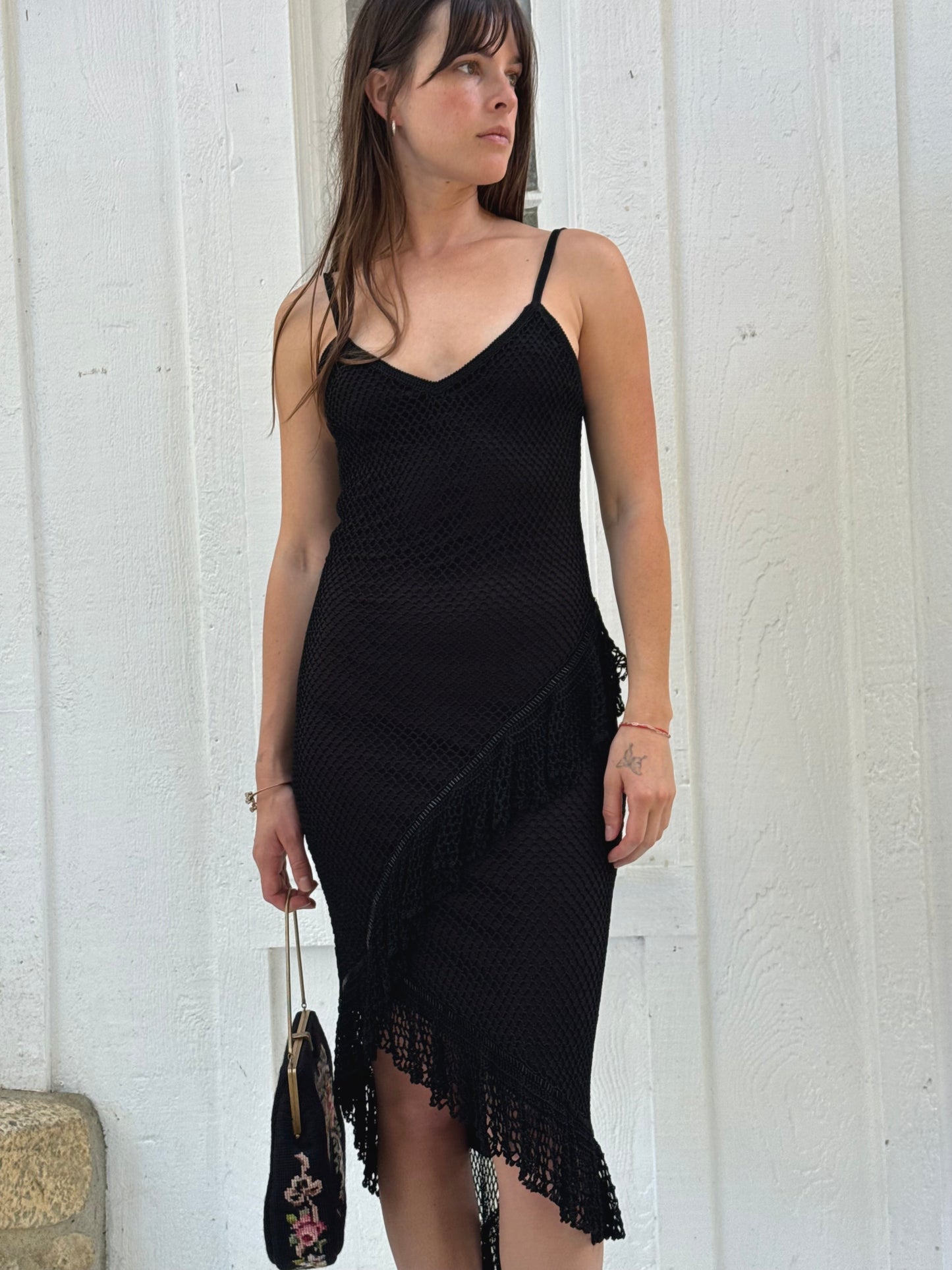 1990s Cache Black Beaded Crochet Asymmetrical Midi Dress