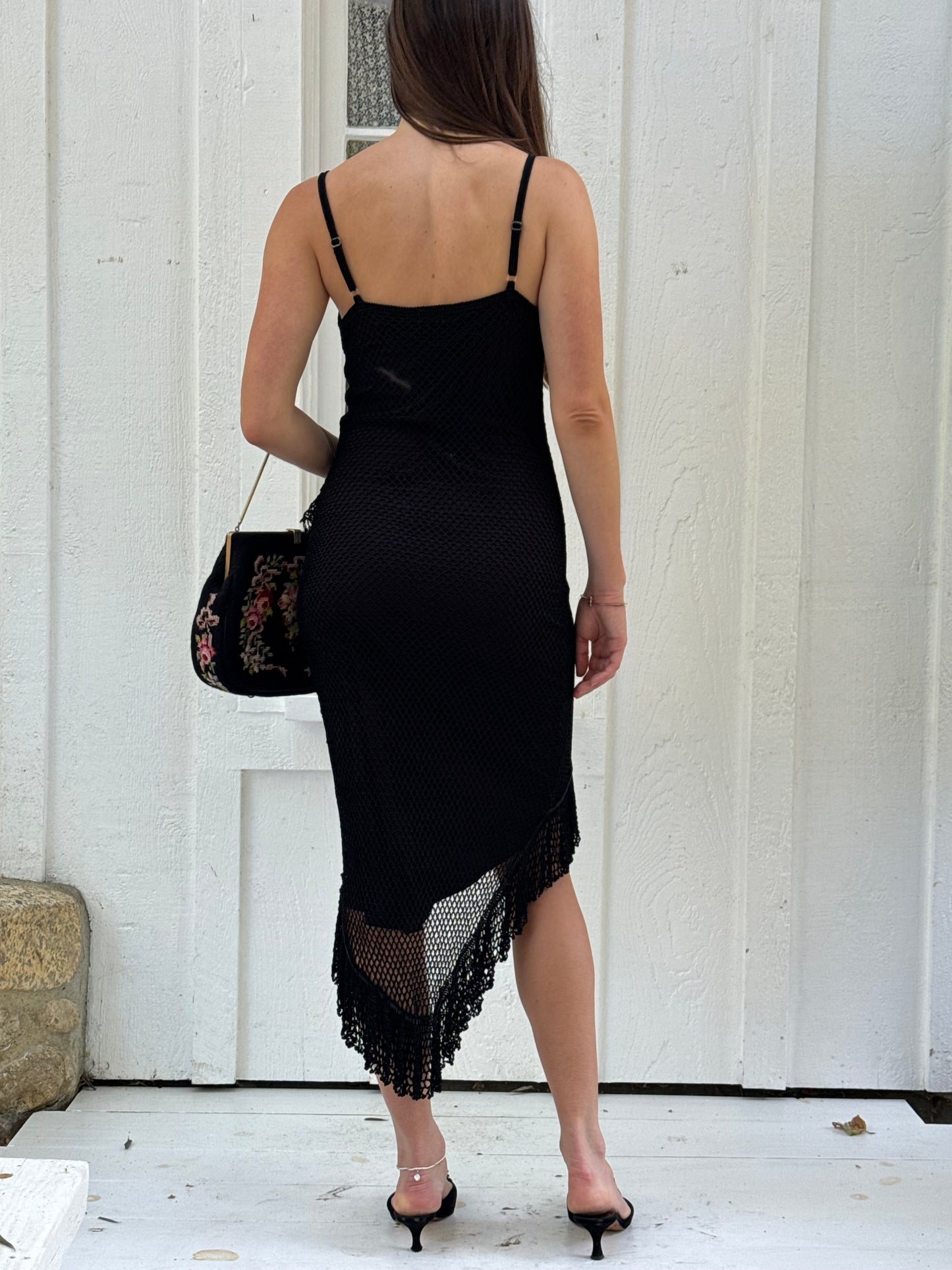1990s Cache Black Beaded Crochet Asymmetrical Midi Dress
