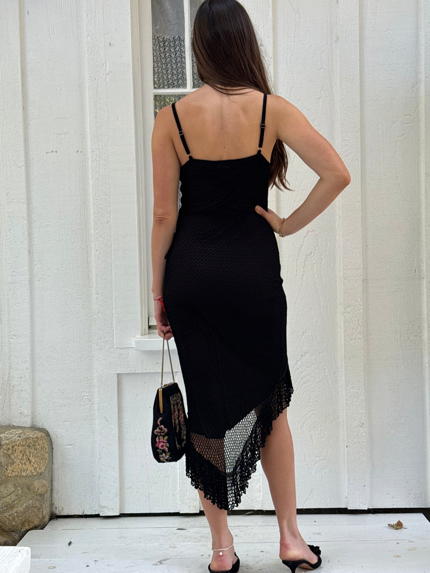 1990s Cache Black Beaded Crochet Asymmetrical Midi Dress